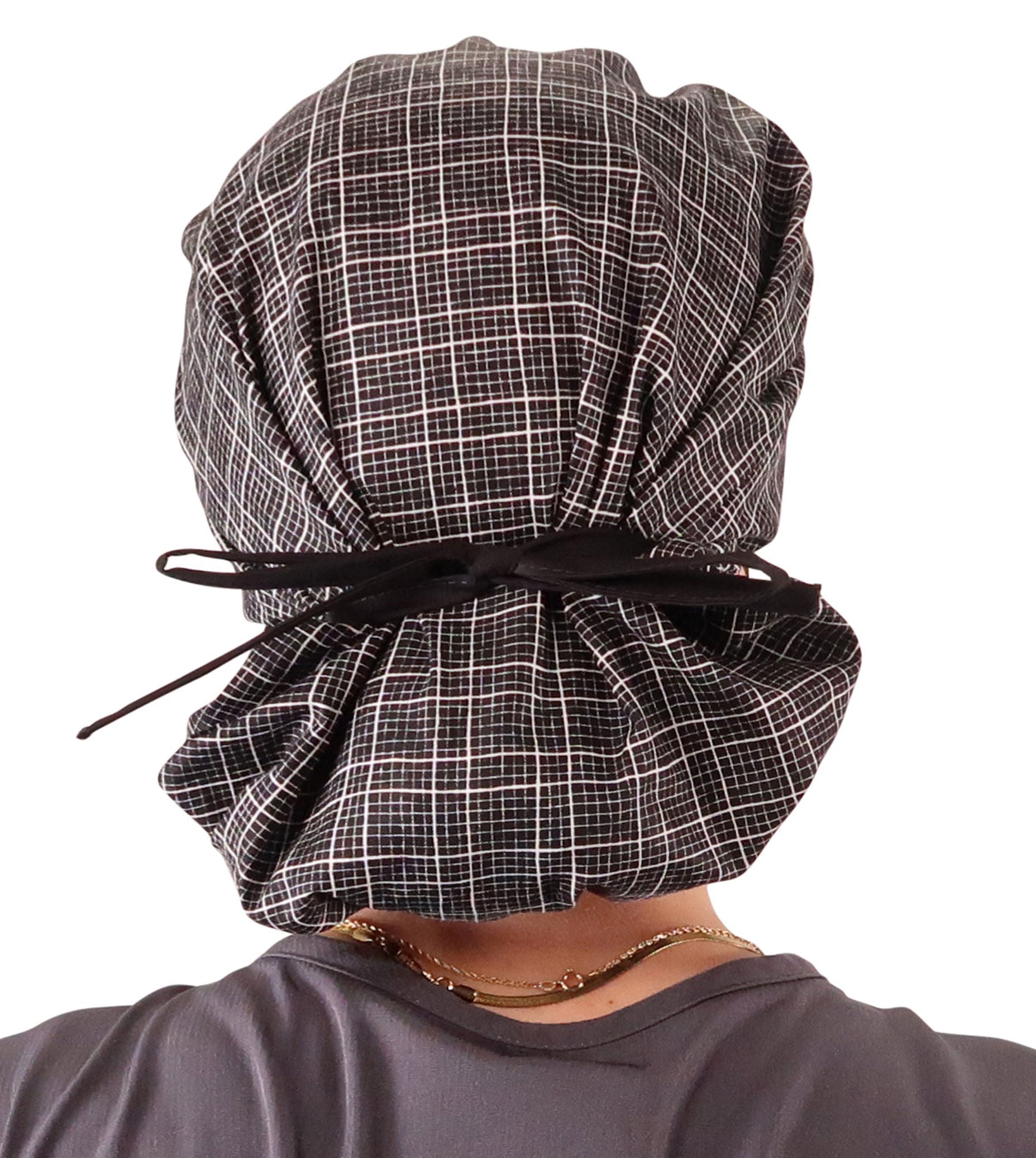 Stylish American Made Banded Bouffant Ponytail Scrub Cap - Check Mate with Black Ties Banded Bouffant Surgical Scrub