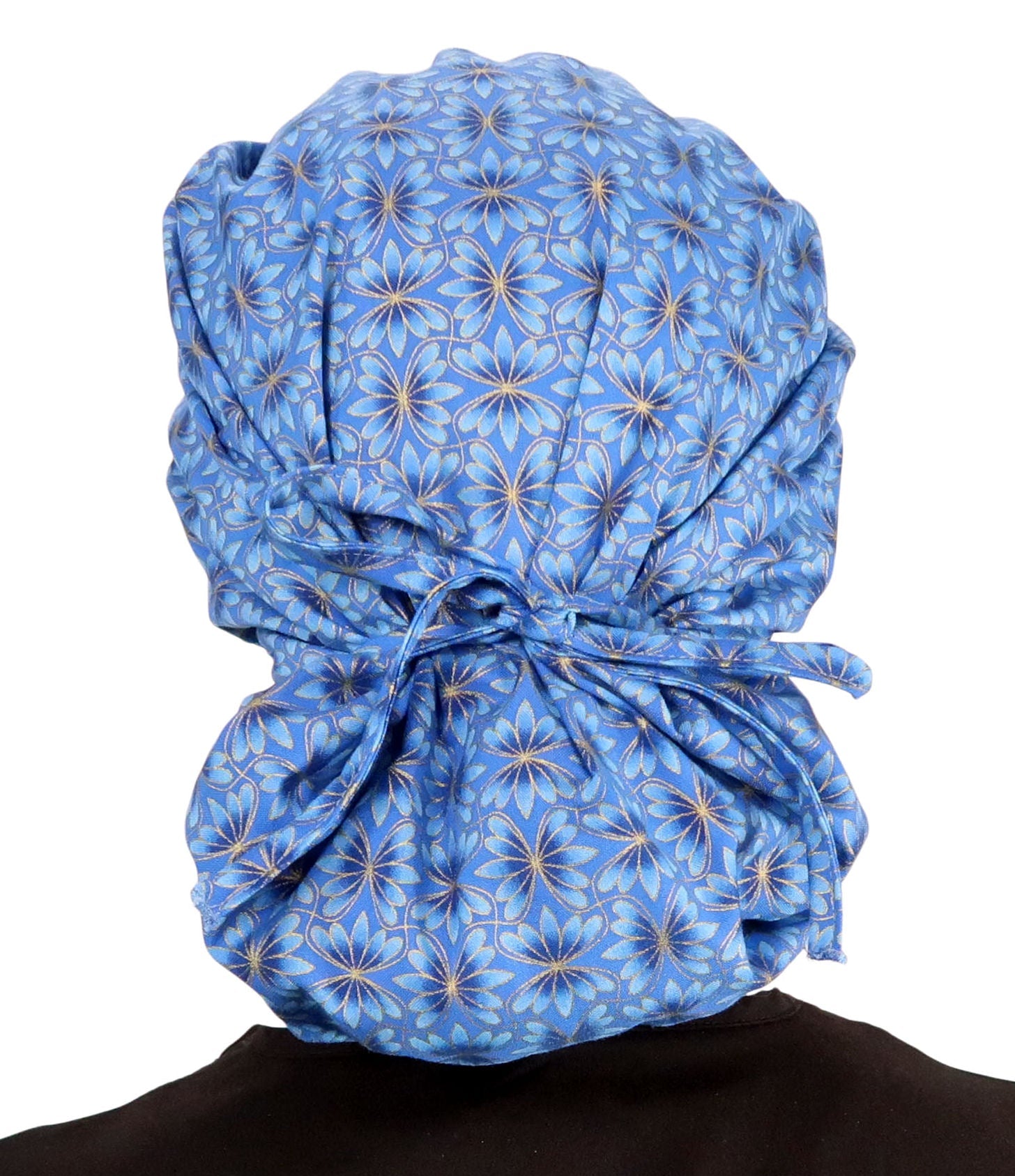 Stylish American Made Banded Bouffant Ponytail Scrub Cap - Golden Metallic Blue Blossoms Banded Bouffant Surgical Scrub