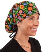 Big Hair Surgical Scrub Cap - Gorgeous Garden with Black Ties