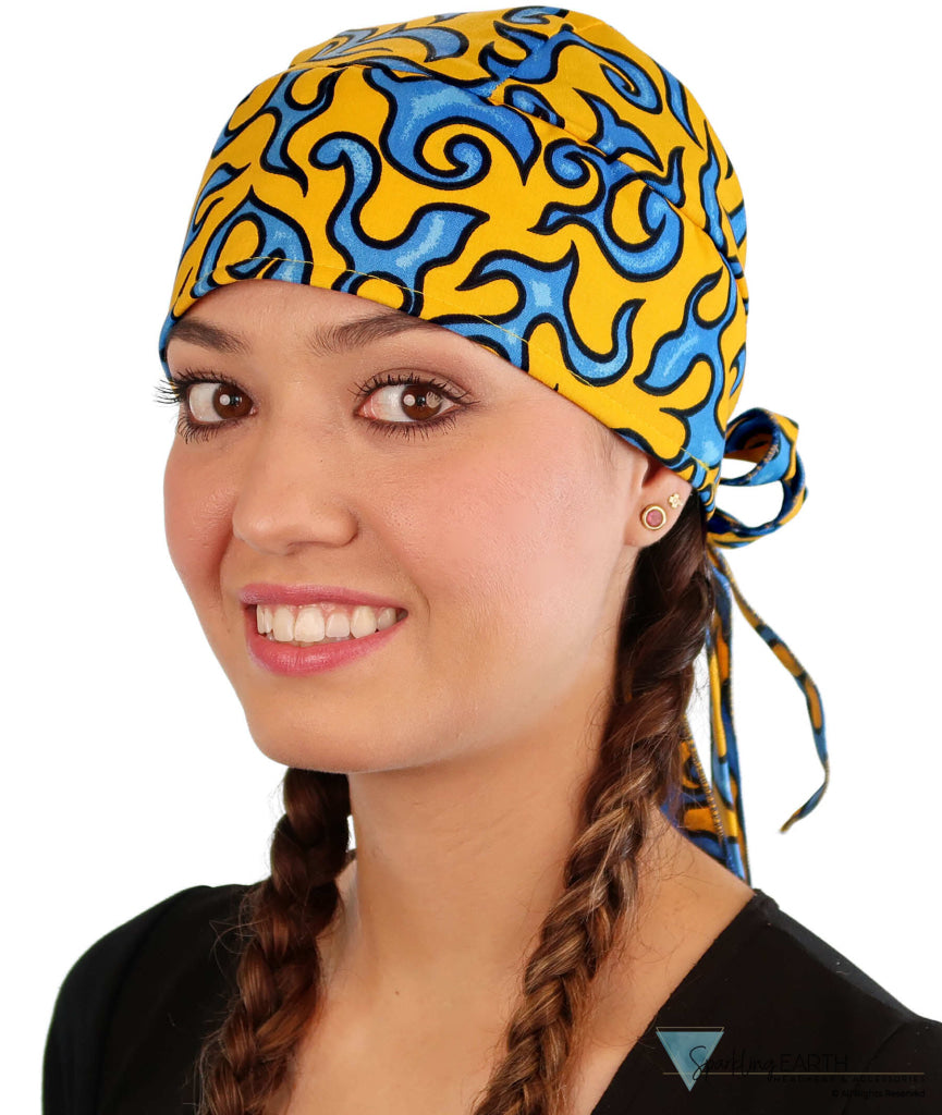 Nomad 10 Skull Cap - Rockstar Style for the Open Road - American Made - Liquid Blue Flames on Yellow - Nomad 10 Skull Caps - Sparkling EARTH