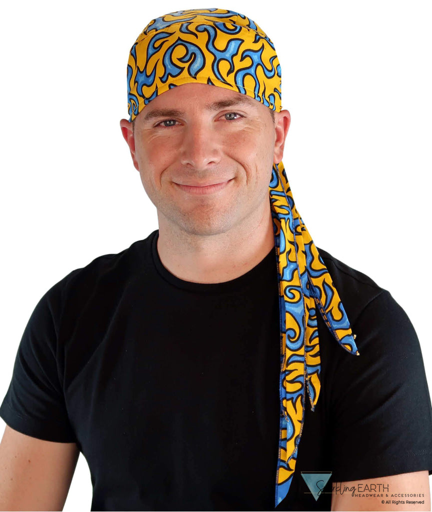 Nomad 10 Skull Cap - Rockstar Style for the Open Road - American Made - Liquid Blue Flames on Yellow - Nomad 10 Skull Caps - Sparkling EARTH