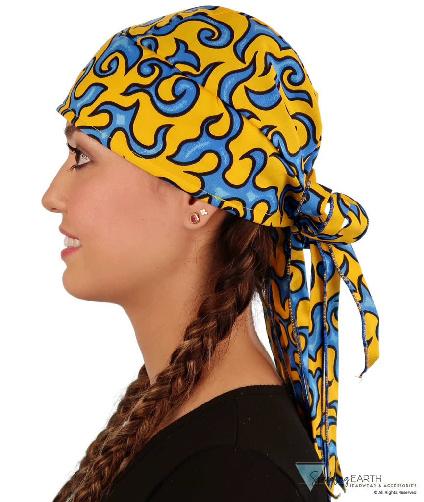 Nomad 10 Skull Cap - Rockstar Style for the Open Road - American Made - Liquid Blue Flames on Yellow - Nomad 10 Skull Caps - Sparkling EARTH