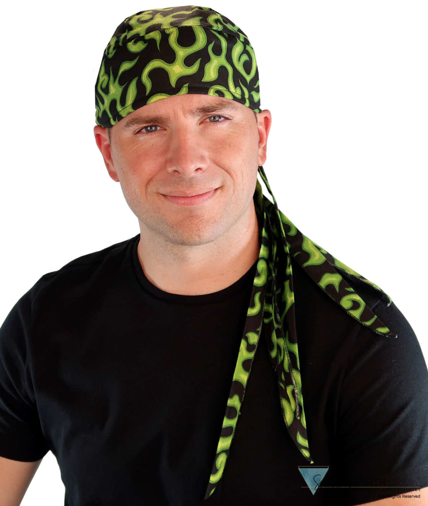 Nomad 10 Skull Cap - Rockstar Style for the Open Road - American Made - Liquid Green Flames on Black - Nomad 10 Skull Caps - Sparkling EARTH