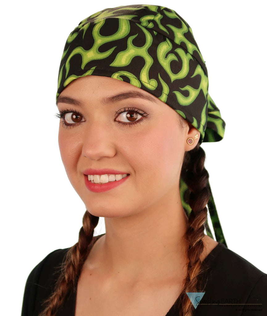 Nomad 10 Skull Cap - Rockstar Style for the Open Road - American Made - Liquid Green Flames on Black - Nomad 10 Skull Caps - Sparkling EARTH