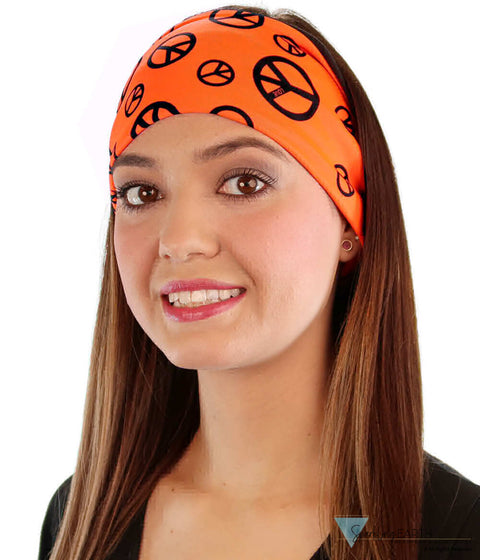 Reversible Stretch Headband – Stylish Comfortable & USA-Made - Black Peace Signs on Neon Orange Stretch Headbands