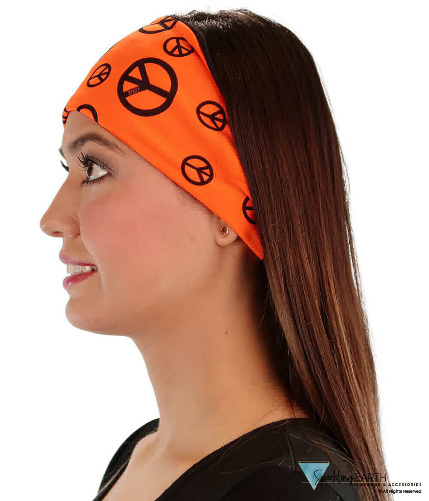 Reversible Stretch Headband – Stylish Comfortable & USA-Made - Black Peace Signs on Neon Orange Stretch Headbands