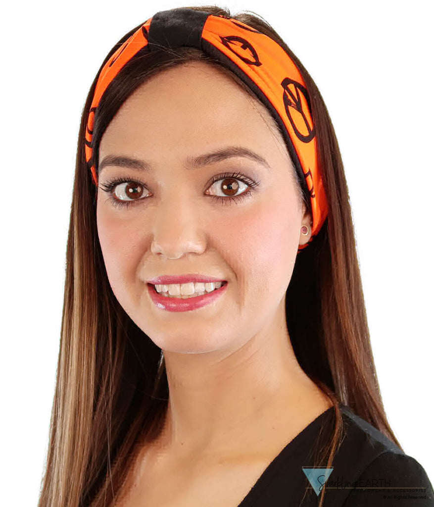 Reversible Stretch Headband – Stylish, Comfortable & USA-Made -  Black Peace Signs on Neon Orange - Stretch Headbands - Sparkling EARTH