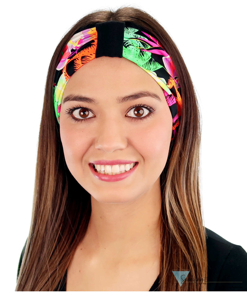 Reversible Stretch Headband –  Large Flowers on Black Front View