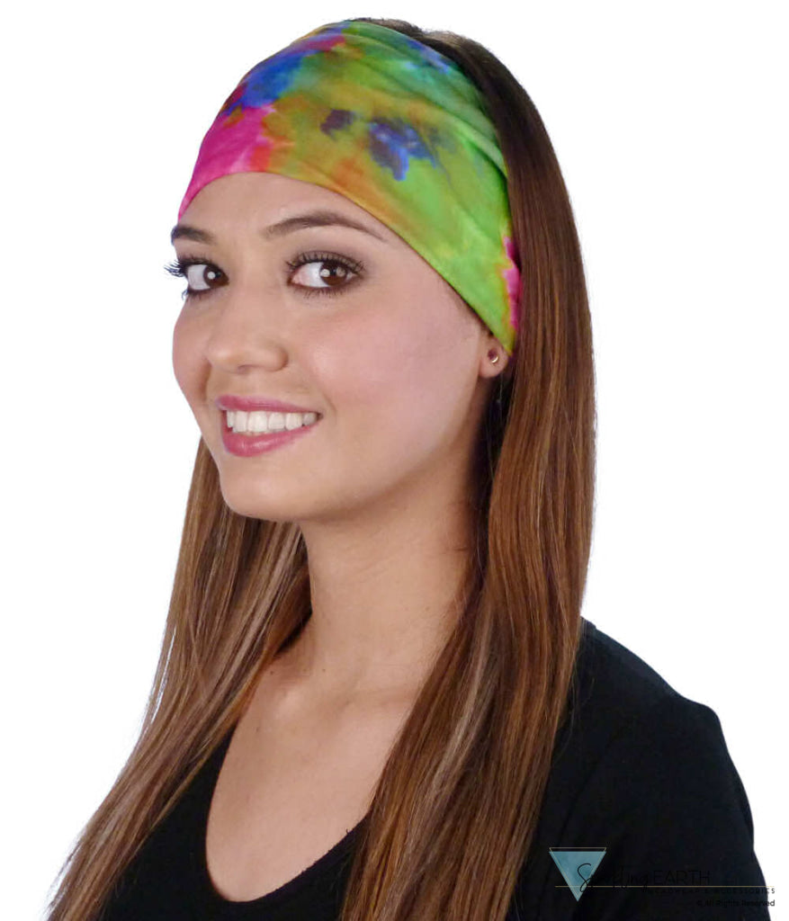 Reversible Stretch Headband – Stylish Comfortable & USA-Made - Multi Tie Dye Orange Red & Blue Stretch Headbands
