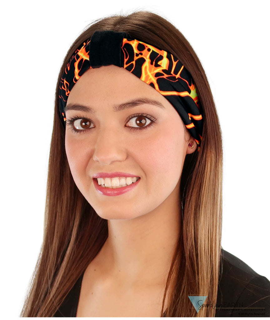 Reversible Stretch Headband – Stylish Comfortable & USA-Made - Orange & Yellow Lightning on Black Stretch Headbands