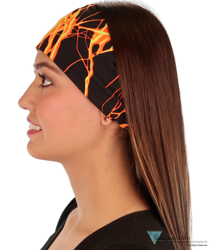 Reversible Stretch Headband – Stylish Comfortable & USA-Made - Orange & Yellow Lightning on Black Stretch Headbands