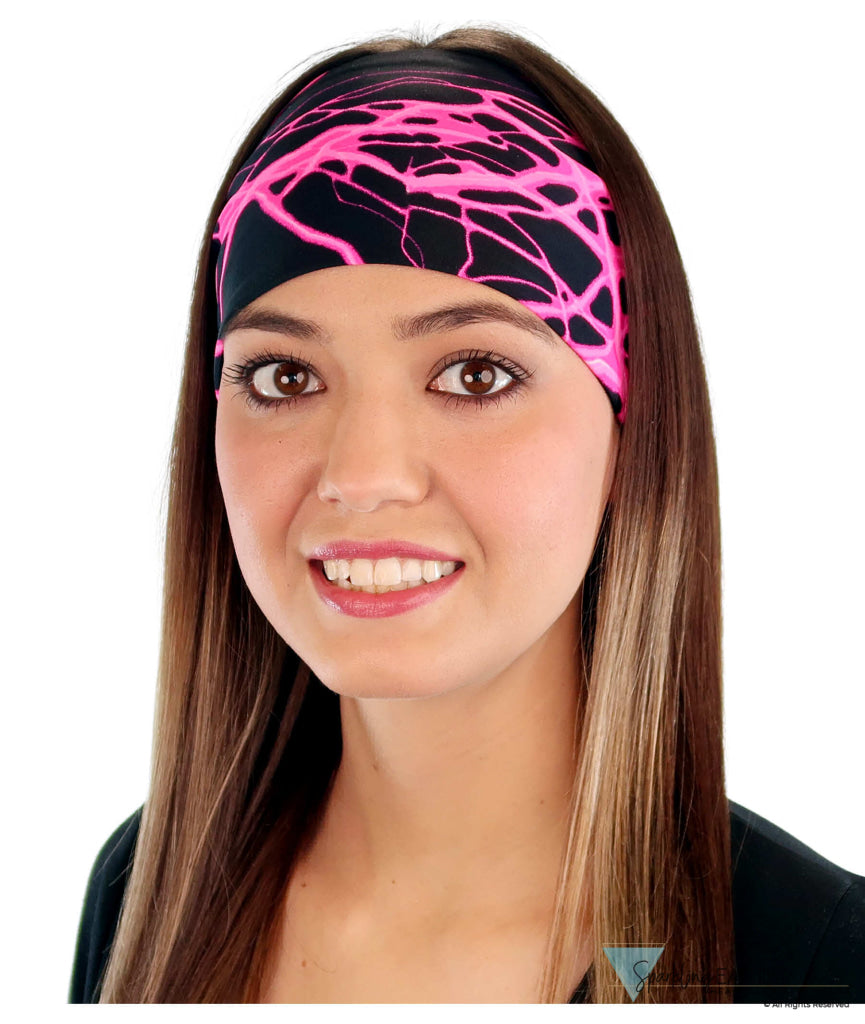 Reversible Stretch Headband – Stylish Comfortable & USA-Made - Pink Lightning on Black Stretch Headbands