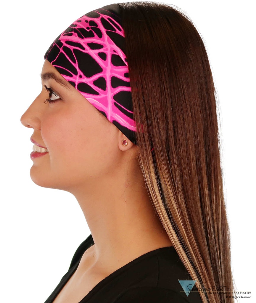 Reversible Stretch Headband – Stylish Comfortable & USA-Made - Pink Lightning on Black Stretch Headbands