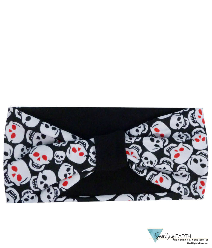 Reversible Stretch Headband – Stylish Comfortable & USA-Made - Red Eye Skulls on Black Stretch Headbands