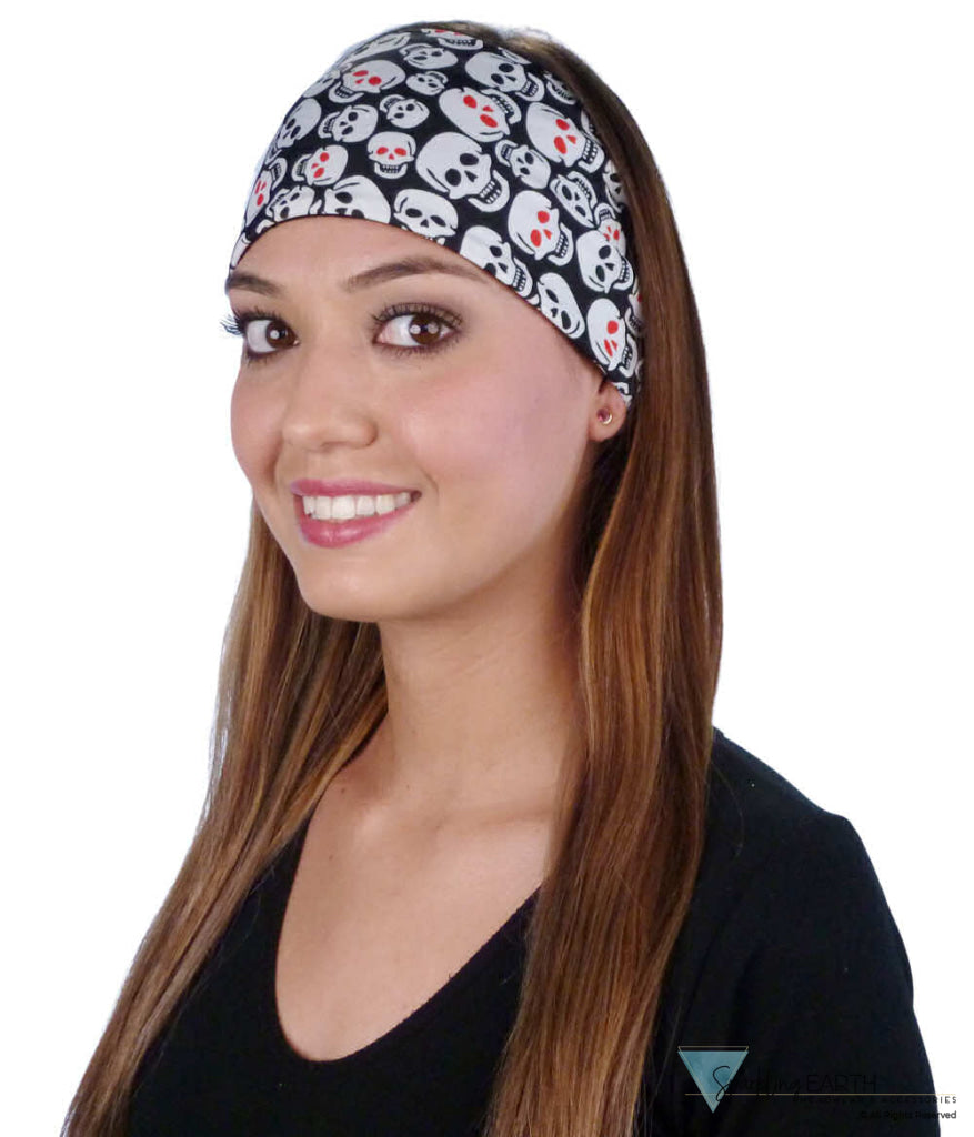 Reversible Stretch Headband – Stylish, Comfortable & USA-Made -  Red Eye Skulls on Black - Stretch Headbands - Sparkling EARTH