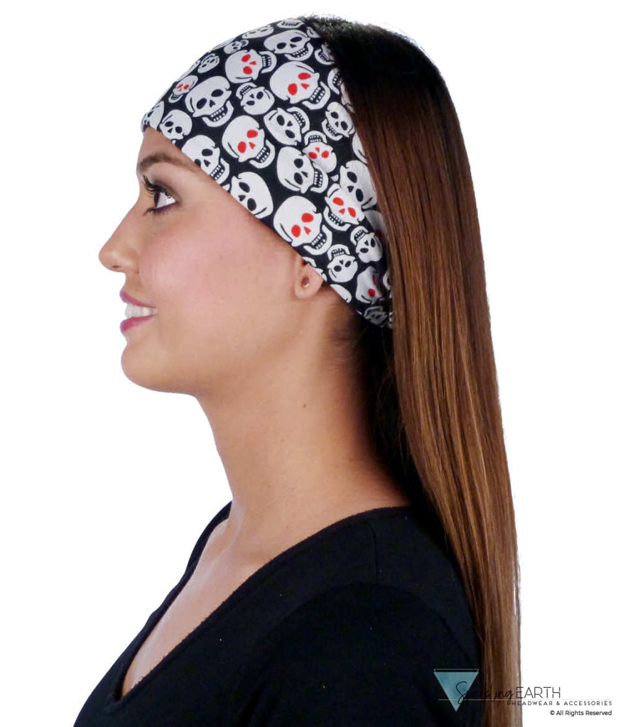 Reversible Stretch Headband – Stylish, Comfortable & USA-Made -  Red Eye Skulls on Black - Stretch Headbands - Sparkling EARTH