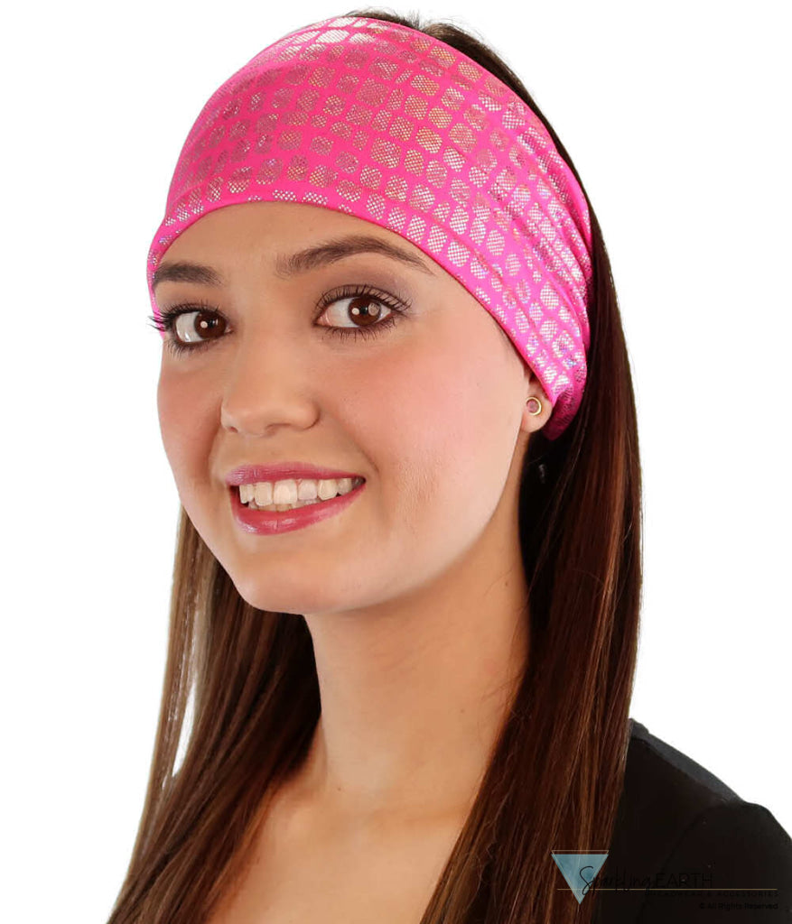 Reversible Stretch Headband – Stylish, Comfortable & USA-Made -  Small Silver Squares on Hot Pink - Stretch Headbands - Sparkling EARTH