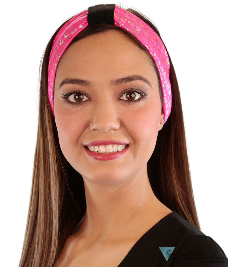 Reversible Stretch Headband – Stylish, Comfortable &amp; USA-Made -  Small Silver Squares on Hot Pink - Stretch Headbands - Sparkling EARTH