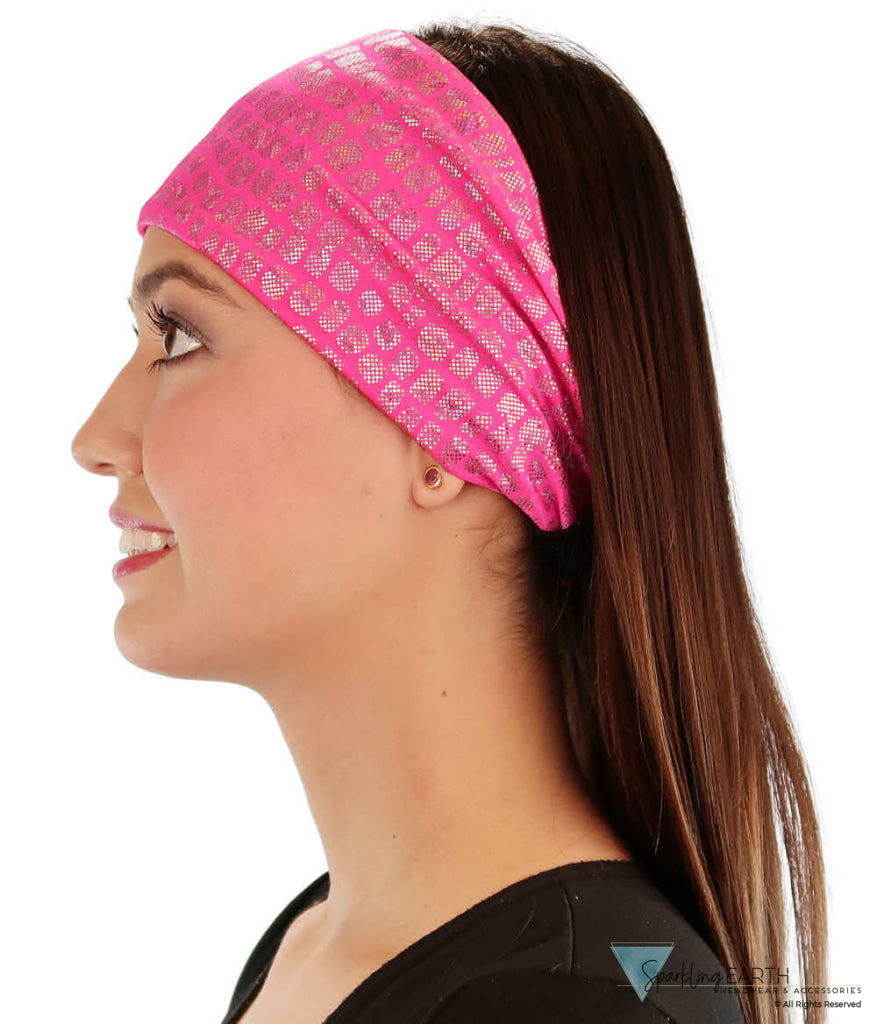 Reversible Stretch Headband – Stylish, Comfortable & USA-Made -  Small Silver Squares on Hot Pink - Stretch Headbands - Sparkling EARTH
