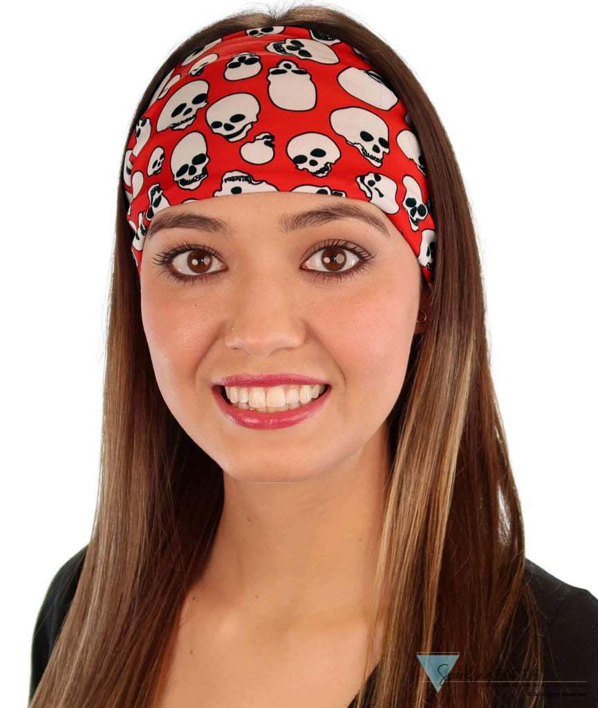 Reversible Stretch Headband – Stylish Comfortable & USA-Made - White Skulls on Red Stretch Headbands
