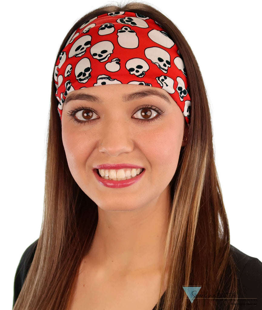 Reversible Stretch Headband – Stylish, Comfortable & USA-Made -  White Skulls on Red - Stretch Headbands - Sparkling EARTH