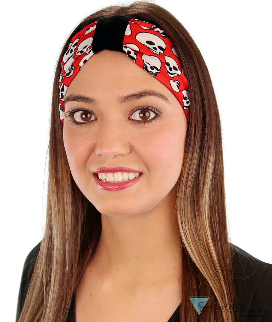 Reversible Stretch Headband – Stylish, Comfortable & USA-Made -  White Skulls on Red - Stretch Headbands - Sparkling EARTH