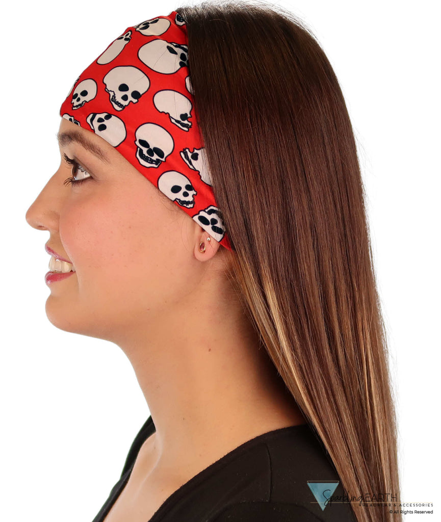 Reversible Stretch Headband – Stylish Comfortable & USA-Made - White Skulls on Red Stretch Headbands