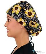 Riley Comfort Cap - Sunflowers On Black Scrub Caps