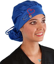 Sparkling EARTH Royal Blue Cap with Heart Stethoscope Patch Embellished Banded Bouffant Ponytail Classic Surgical Style