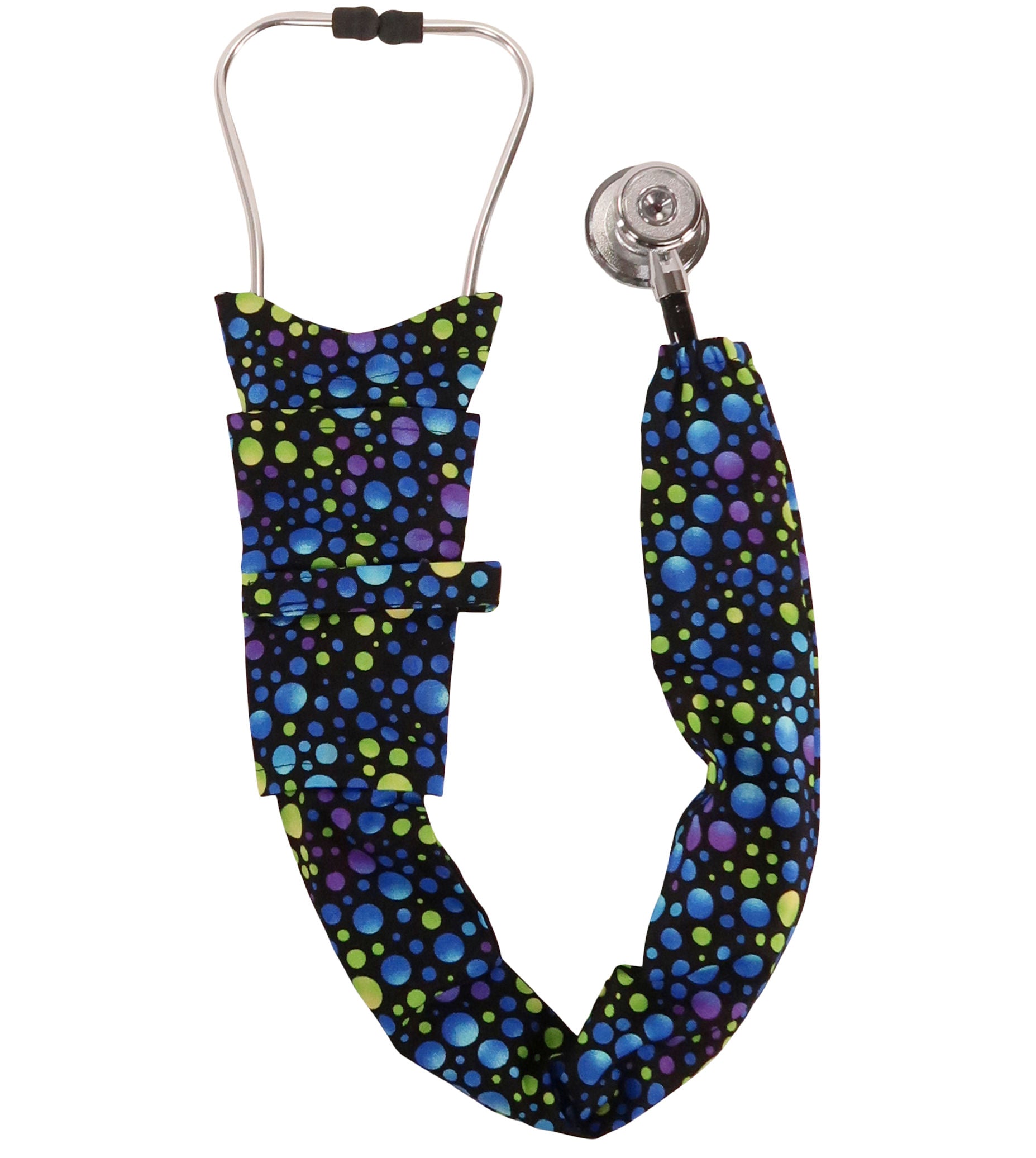 Stethoscope Cover – Blue, Green &amp; Purple Dots on Black Main Image