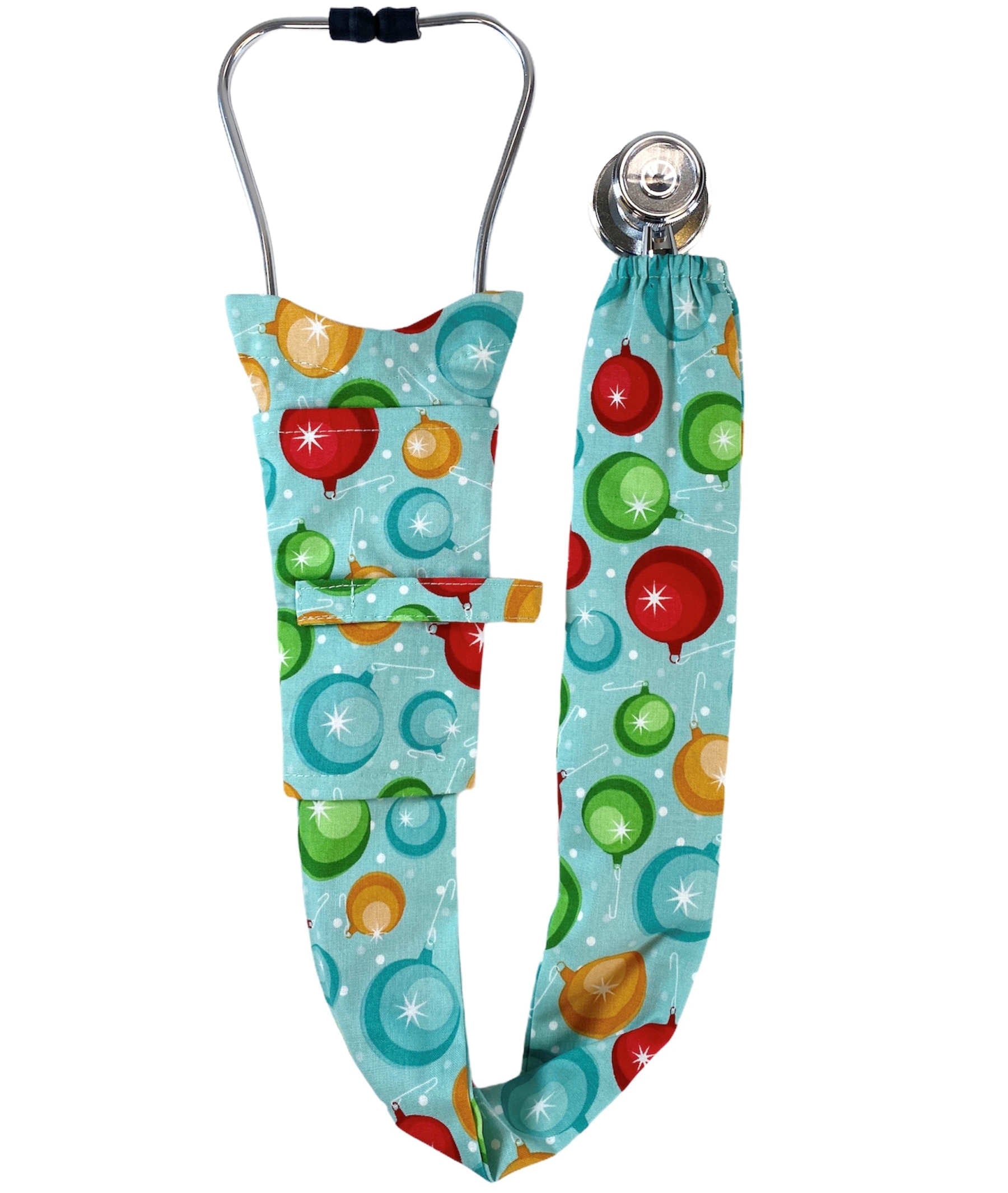 Stethoscope cover with colorful Christmas bulb pattern on a blue background main image
