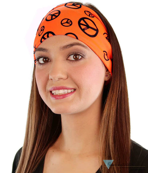 Stretch Headband - Black Peace Signs On Neon Orange Headbands