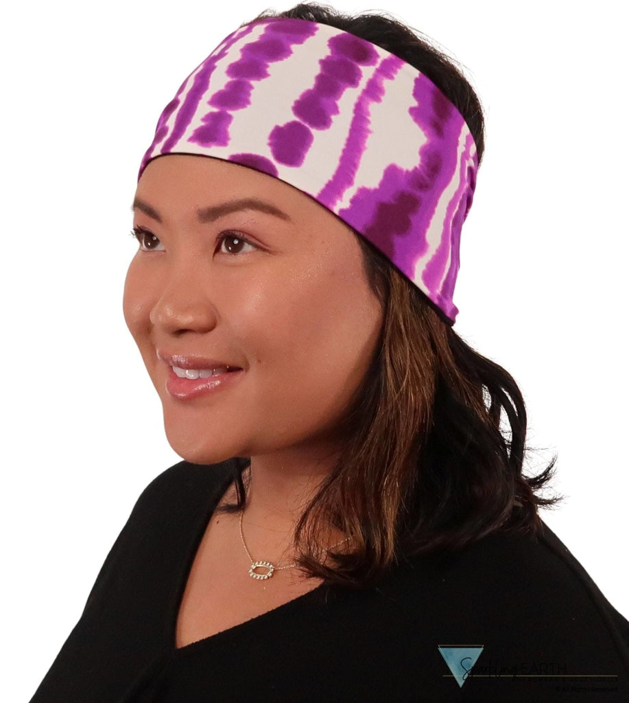 Stretch Headband - Purple Peace Signs Tie Dye On White Headbands