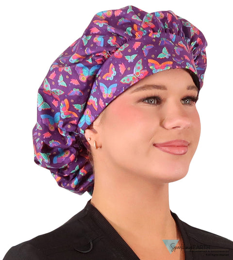 Stylish American Made Banded Bouffant Ponytail Scrub Cap - Beautiful Butterflies Banded Bouffant Surgical Scrub Caps