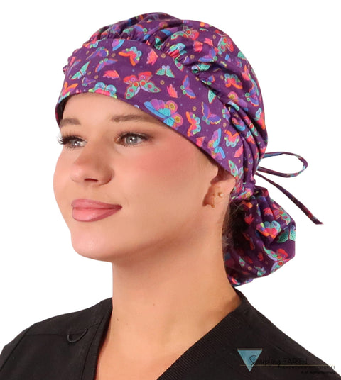 Stylish American Made Banded Bouffant Ponytail Scrub Cap - Beautiful Butterflies Banded Bouffant Surgical Scrub Caps