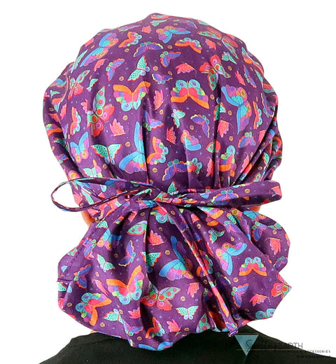 Stylish American Made Banded Bouffant Ponytail Scrub Cap - Beautiful Butterflies Banded Bouffant Surgical Scrub Caps
