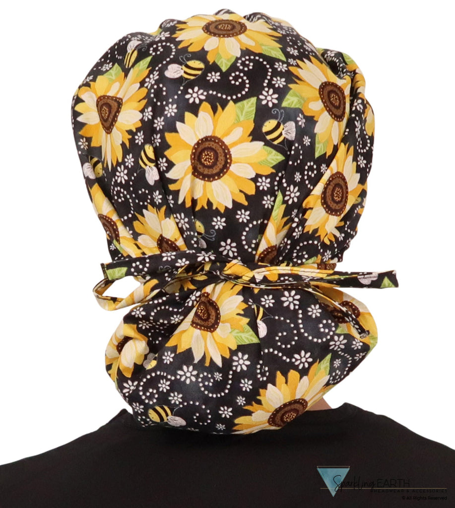 Stylish American Made Banded Bouffant Ponytail Scrub Cap - BEEutiful Sunflowers SALE-Fall-2025