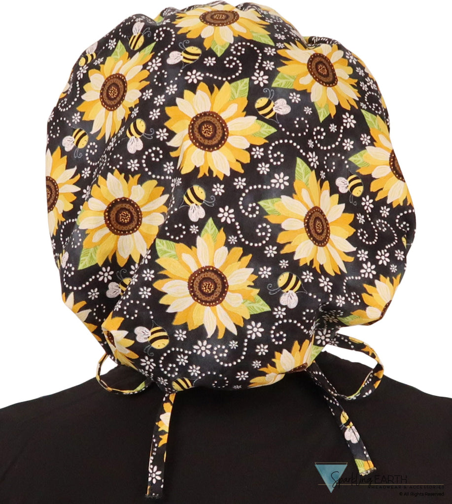 Stylish American Made Banded Bouffant Ponytail Scrub Cap - BEEutiful Sunflowers SALE-Fall-2025
