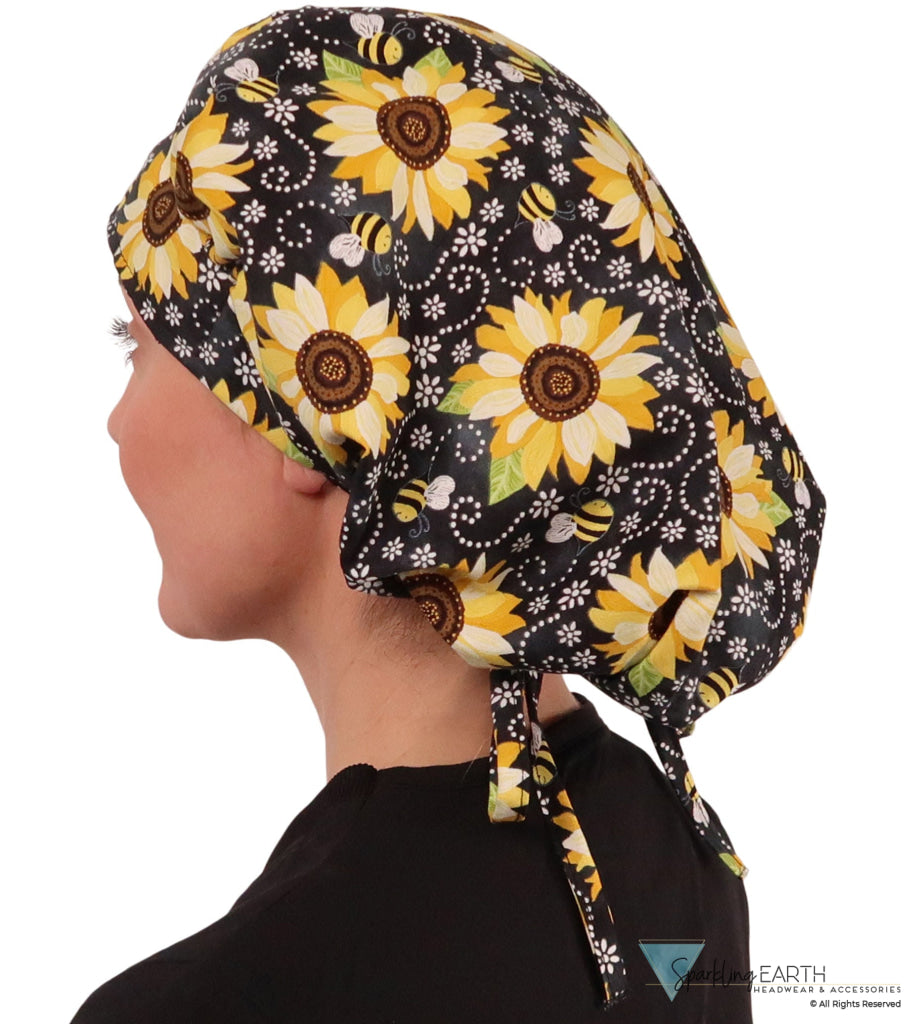 Stylish American Made Banded Bouffant Ponytail Scrub Cap - BEEutiful Sunflowers SALE-Fall-2025