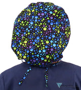 Stylish American Made Banded Bouffant Ponytail Scrub Cap - Blue Green & Purple Dots on Black Designer Banded Bouffant