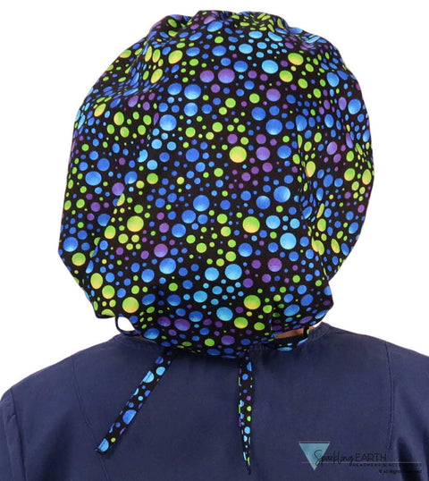 Stylish American Made Banded Bouffant Ponytail Scrub Cap - Blue Green & Purple Dots on Black Designer Banded Bouffant