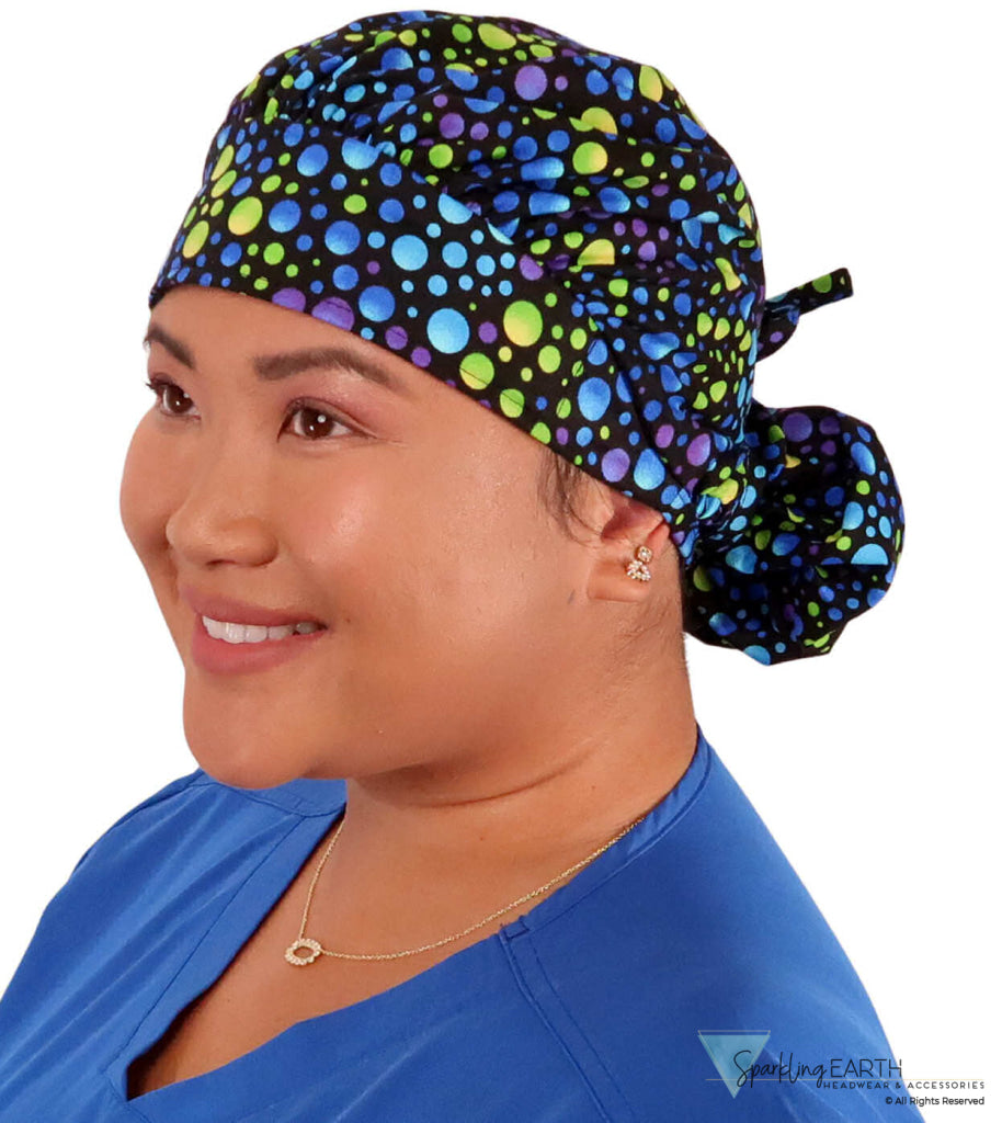 Stylish American Made Banded Bouffant Ponytail Scrub Cap - Blue Green & Purple Dots on Black SALE-Fall-2025