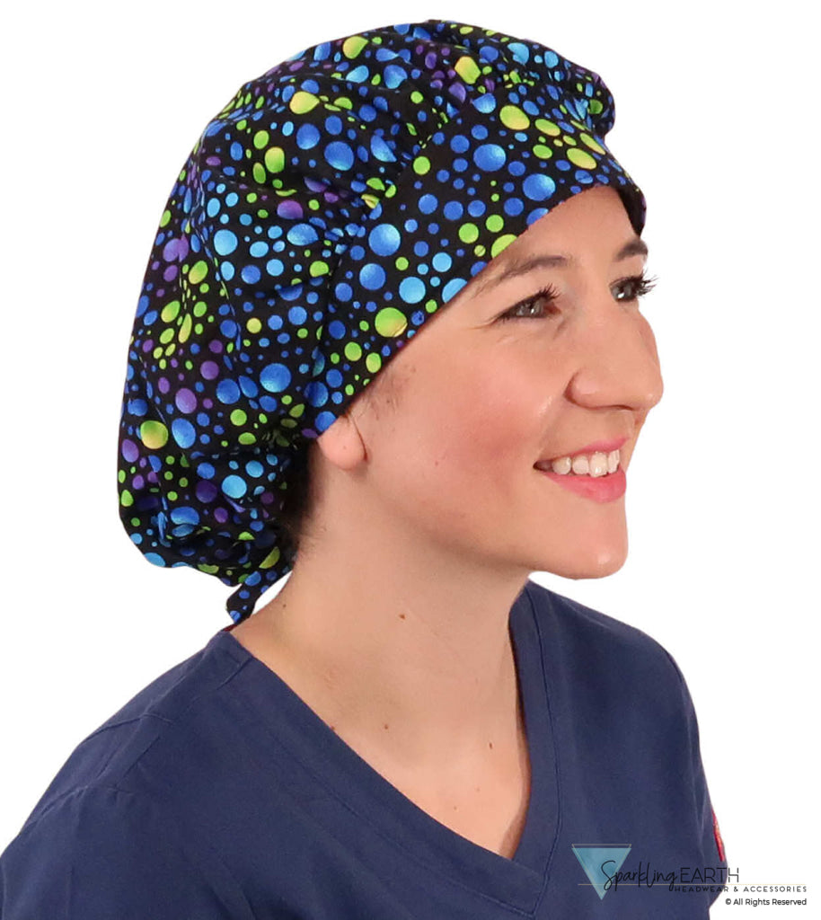Stylish American Made Banded Bouffant Ponytail Scrub Cap - Blue Green & Purple Dots on Black SALE-Fall-2025