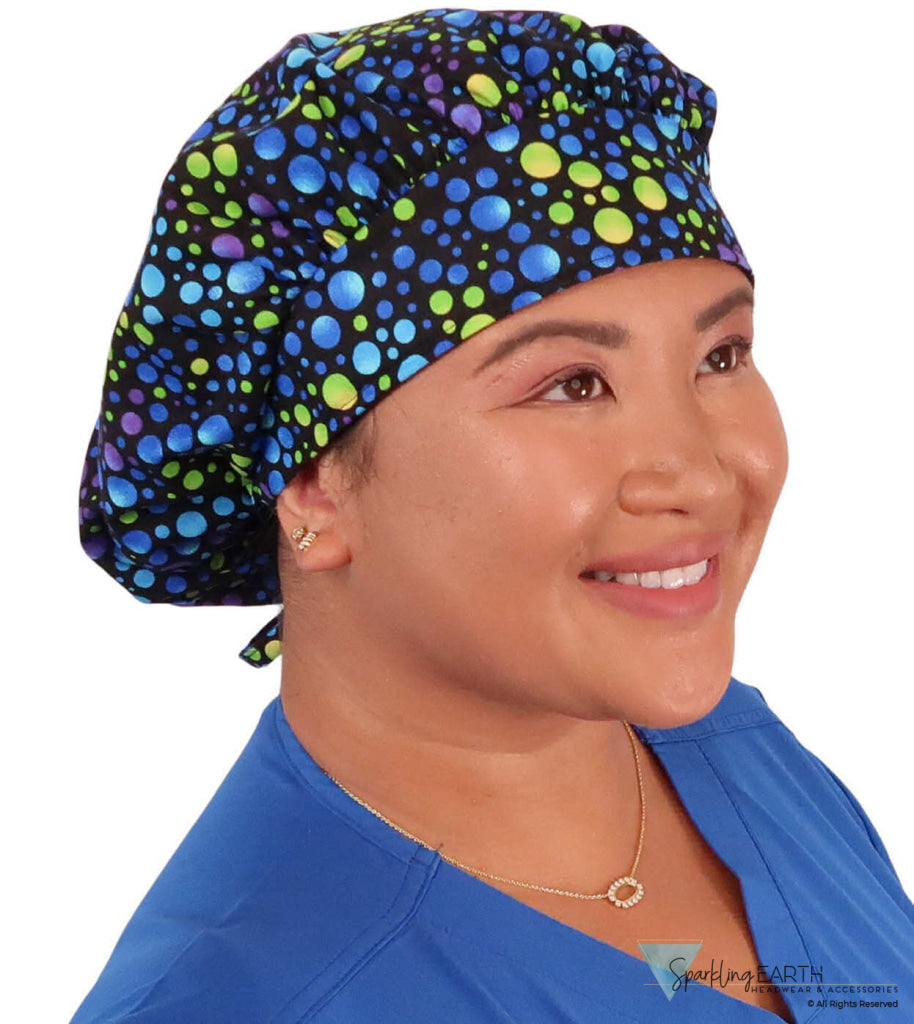 Stylish American Made Banded Bouffant Ponytail Scrub Cap - Blue Green & Purple Dots on Black SALE-Fall-2025