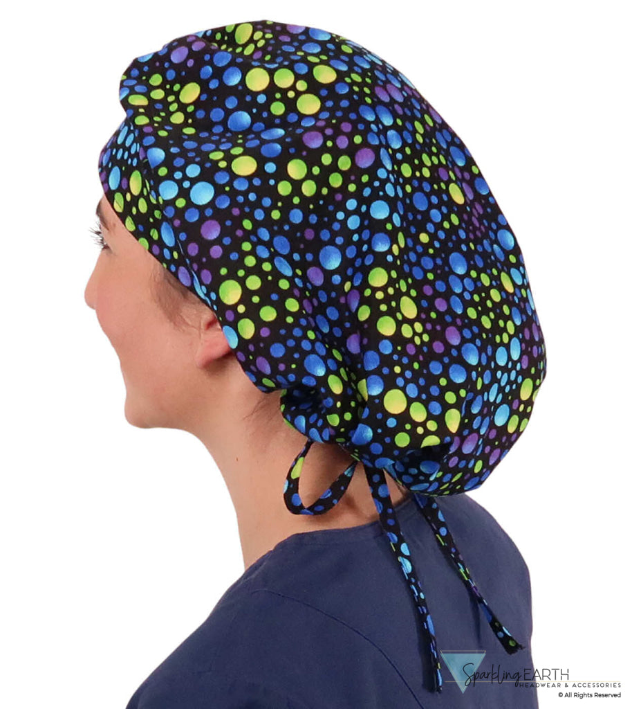 Stylish American Made Banded Bouffant Ponytail Scrub Cap - Blue Green & Purple Dots on Black SALE-Fall-2025