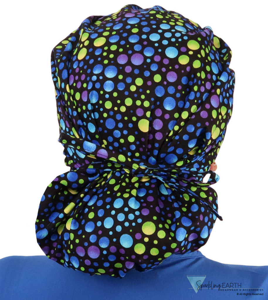Stylish American Made Banded Bouffant Ponytail Scrub Cap - Blue Green & Purple Dots on Black SALE-Fall-2025