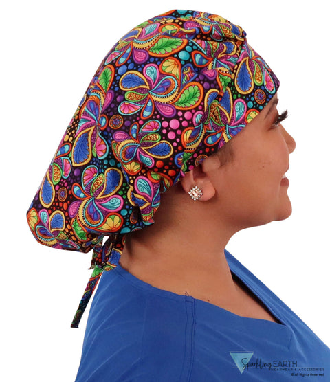 Stylish American Made Banded Bouffant Ponytail Scrub Cap - Bright Flower Paisley Banded Bouffant Surgical Scrub Caps