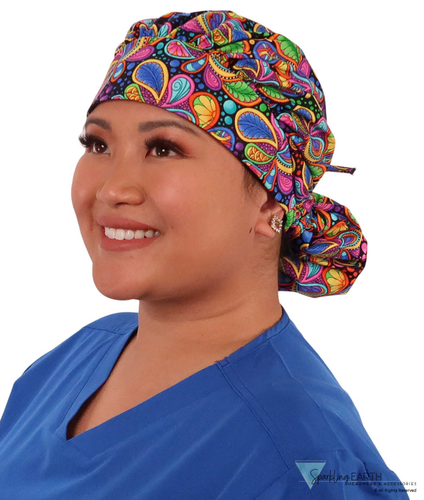 Stylish American Made Banded Bouffant Ponytail Scrub Cap - Bright Flower Paisley SALE-Fall-2025