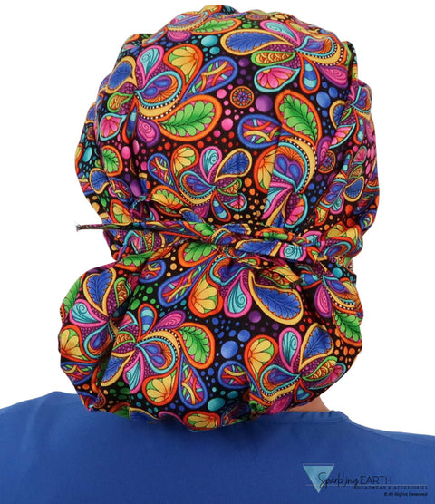 Stylish American Made Banded Bouffant Ponytail Scrub Cap - Bright Flower Paisley Banded Bouffant Surgical Scrub Caps