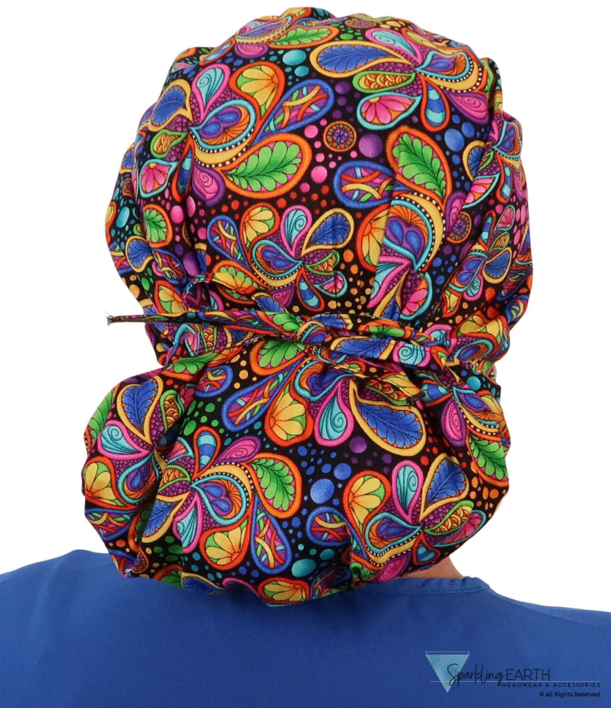 Stylish American Made Banded Bouffant Ponytail Scrub Cap - Bright Flower Paisley SALE-Fall-2025